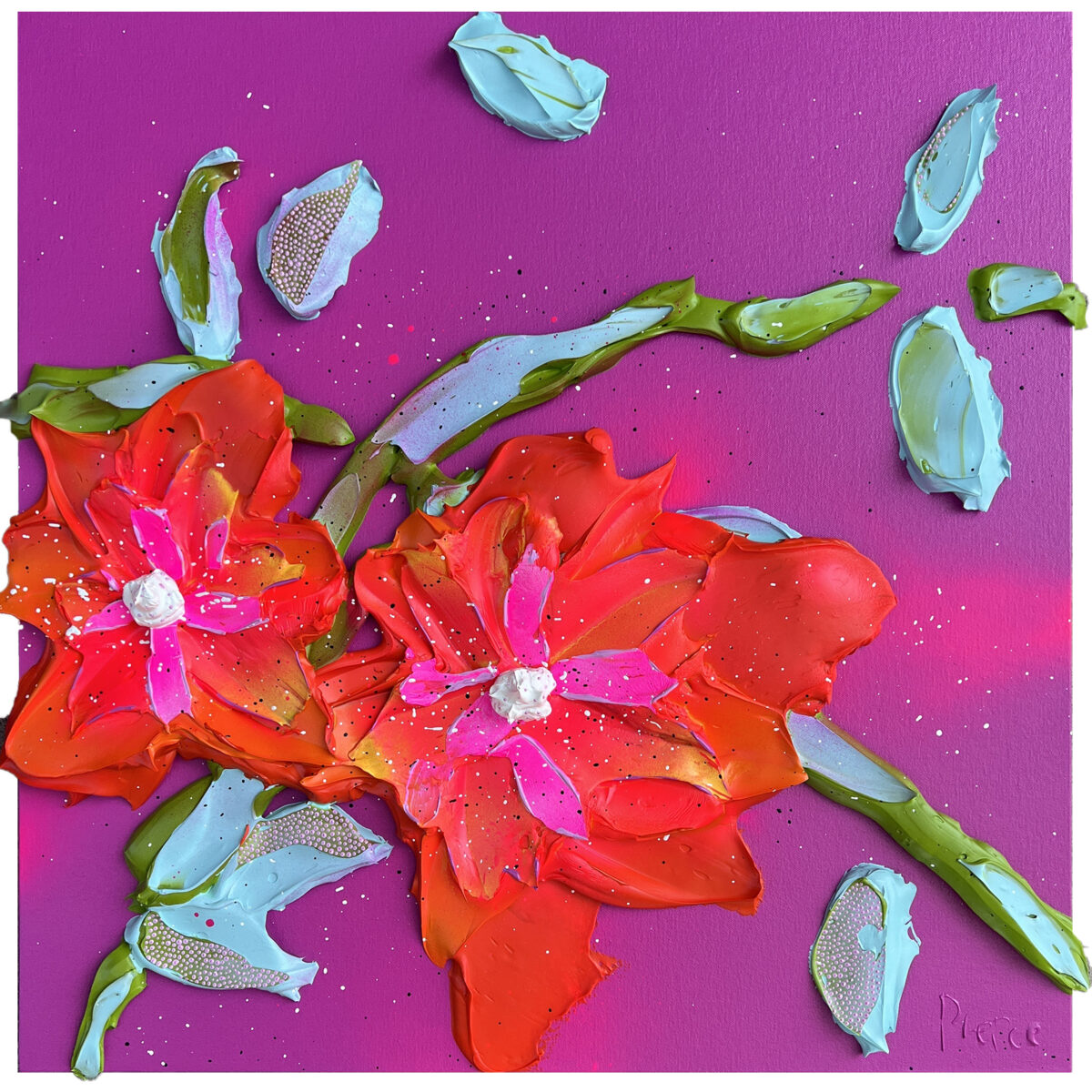547. REBECCA PIERCE - FUCHSIA DELIGHT II 60 x 60cm acrylic impasto, ink and spray paint on canvas on board $ 2,950.00