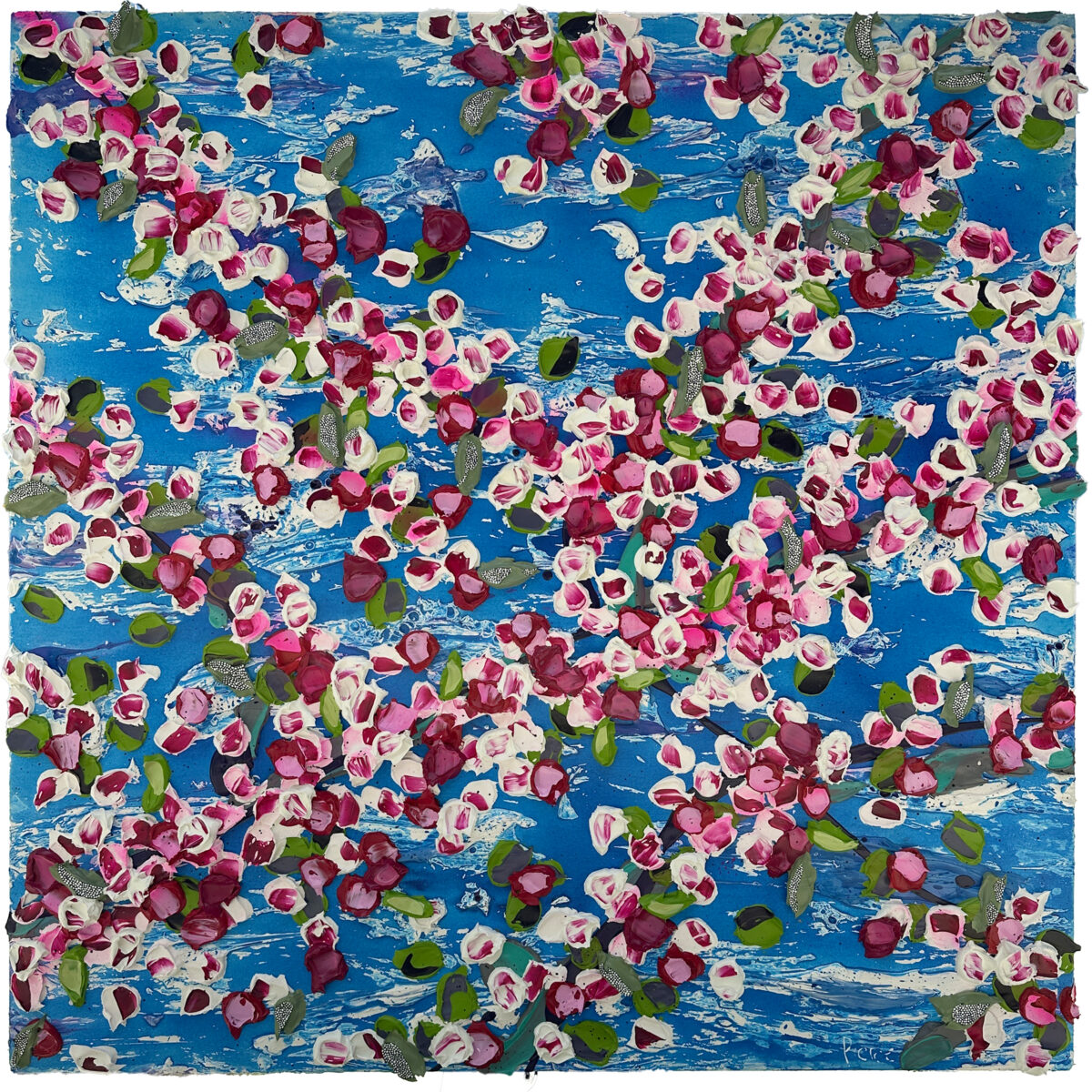 553. REBECCA PIERCE - BLOSSOMS THROUGH THE BREEZE 122 x 122cm acrylic impasto, spray paint and ink on canvas $ 7,500.00