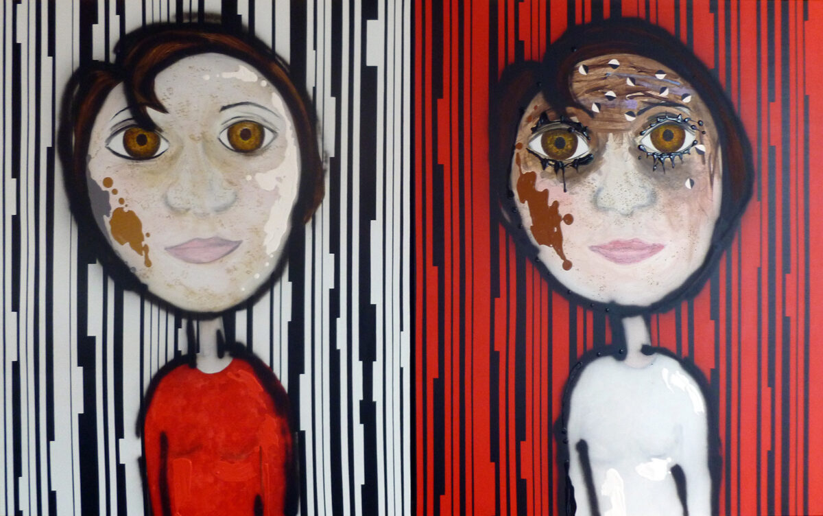 REBECCA PIERCE – THAT BLOODY RED DRESS – PORTRAIT OF THE ARTIST DANIELLE MCMANUS Diptych